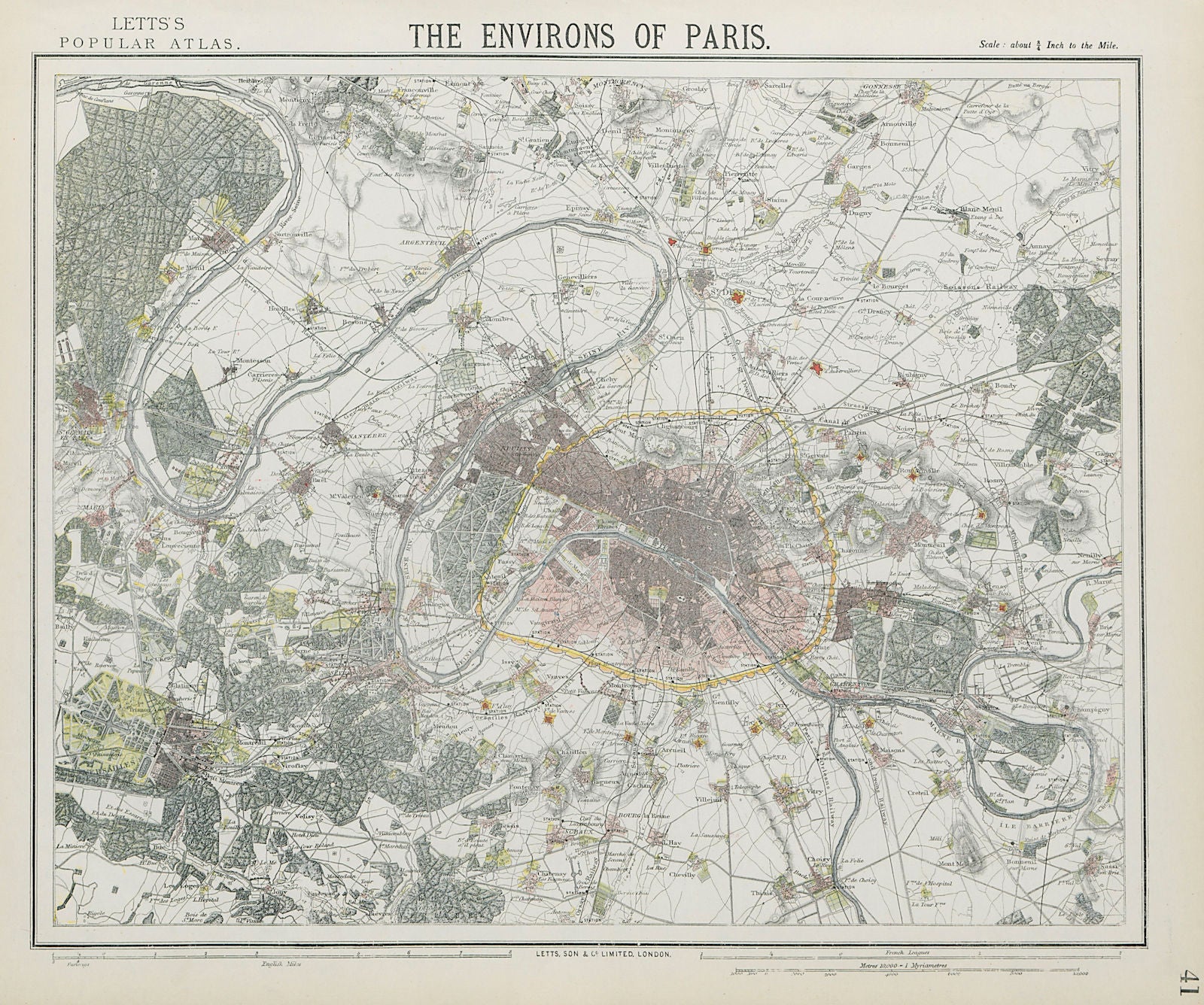 PARIS ENVIRONS. Fortifications. Railways. Versailles. LETTS 1884 old map